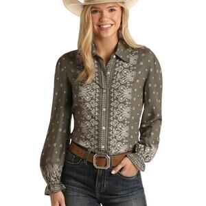 Panhandle button front bandana border print shirt ruffle elastic cuffs woman's L